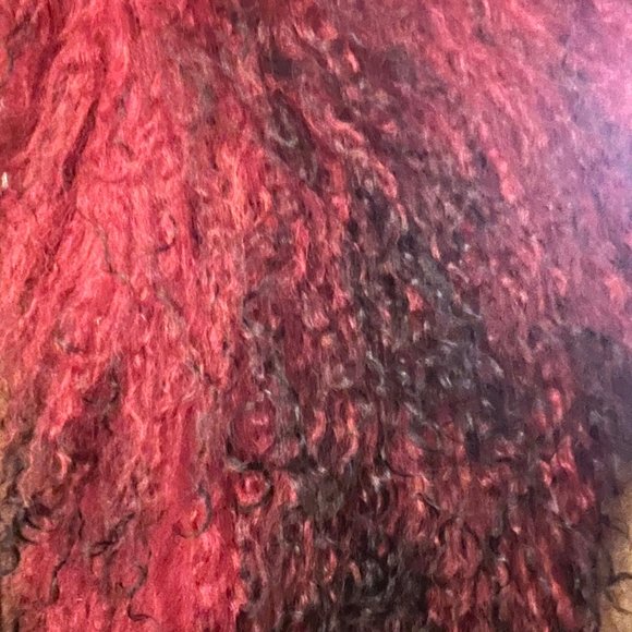 BEBE Tan Suede Jacket with Deep Red Mongolian Fur Trim - Picture 4 of 6